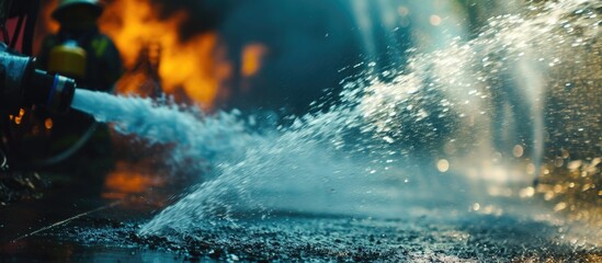 Firefighters use water to put out fires. Close-up of water spray. - obrazy, fototapety, plakaty