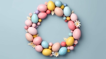Easter wreath of pastel pink and blue eggs on blue background. Religion tradition pattern. View from above. Flat lay style. Happy Easter. Greeting card. Copy space.