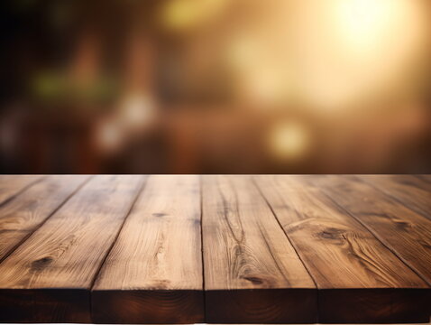 Rustic wooden table with a blurred background
