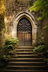 A captivating image capturing an ancient, gothic-style wooden door set in a stone archway, surrounded by lush greenery and aged stone steps leading up to it