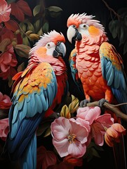 Fototapeta premium tropical leaves greenery with green leaves and colorful parrot birds over black background