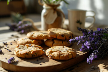 Homemade aromatic lavender cookies on sunny kitchen. Generative AI