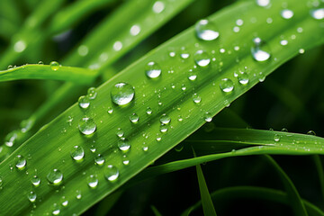 Closeup of water droplets on a green grass. Generative AI