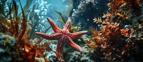 Underwater photography of marine life: red starfish and water plants in the deep sea. - obrazy, fototapety, plakaty