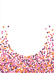 Bright hearts confetti corner frame on white background. Valentine's Day. Banner template. Space for text. illustration.