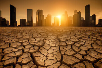 Drought land at Cityscape of buildings. Global drought. City metropolis at Dry cracked earth. Water crisis, World Climate change. Dried earth at city, Business district. No freshwater. Cracked earth.