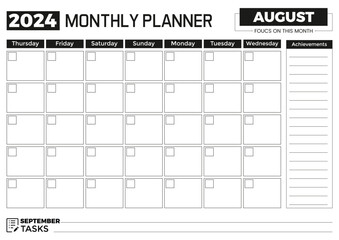 2024 August Monthly Planner Minimalist Template in A4 Format