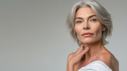 Anti-aging treatments and skincare concept. Beautiful mature woman with flawless skin and silver hairstyle - obrazy, fototapety, plakaty