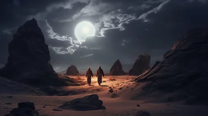 Poster Two men walking through a desert at night © Molostock