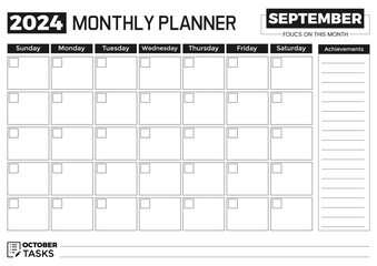 2024 September Monthly Planner Minimalist Template in A4 Format