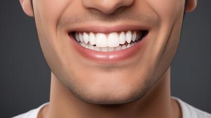 Young man, beautiful smile, grey background, concept: teeth whitening, copy space, 16:9