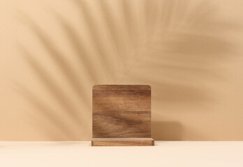 Wooden platform, shadow from a palm leaf on a brown background.