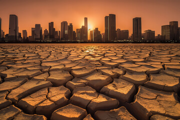 Drought land at Cityscape of buildings. Global drought. City metropolis at Dry cracked earth. Water crisis, World Climate change. Dried earth at city, Business district. No freshwater. Cracked earth. - obrazy, fototapety, plakaty