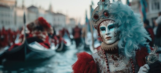 Venetian carnival participant in mask and costume by canal. Cultural tradition. Banner.