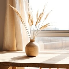 Fototapeta na wymiar wheat stalk in a wooden vase by the window