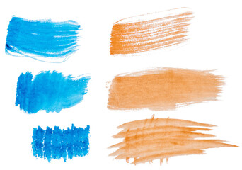 Watercolor brush stroke of blue and otange  paint, on a white isolated background