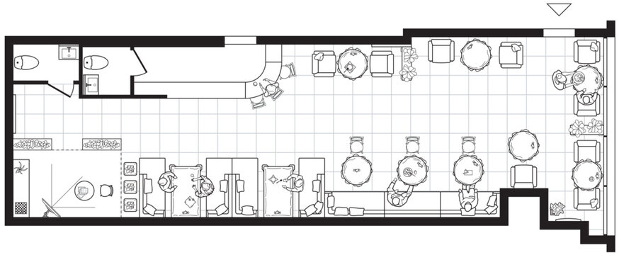 Cafe plan in top view. Floor plan of small restaurant. Arrangement of furniture in the catering interior. Bar design project. Vector 