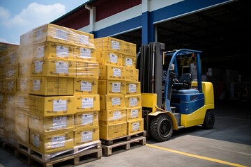 Forklift Loader Transporting and Loading Cardboard Boxes
