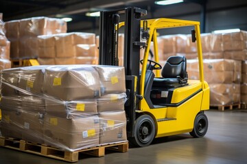 Naklejka premium Forklift Loader Transporting and Loading Cardboard Boxes