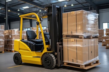 Forklift Loader Transporting and Loading Cardboard Boxes