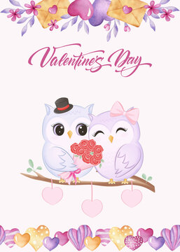 Valentine's Day card. The inscription "Valentine's Day" with an image of two owls hugging.