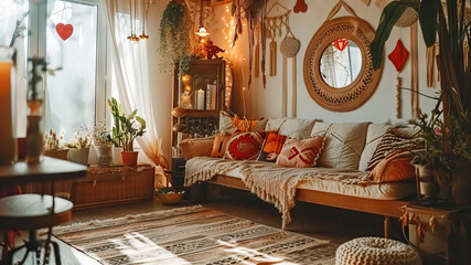 Living room interior, boho, lovely, cozy, valentine day