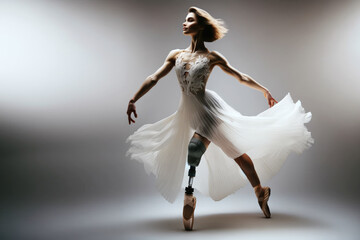 On monochrome background,delicate ballerina in white dress, with prosthesis on her leg, dances in pointe ballet in the studio. Strong in spirit people. Personality, faith in talent. Copy space - obrazy, fototapety, plakaty
