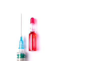 Medical vial with medication and syringe isolated on white background. Syringe, medical injection
