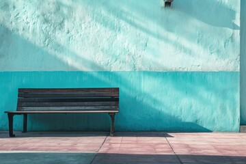 A solitary bench sits against a rugged wall, its wooden slats worn from the elements, while the cracked ground and bustling street behind it tell tales of time passed by