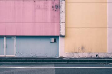 Vibrant hues of pink and yellow adorn the building's wall, adding a splash of color to the otherwise mundane street scene