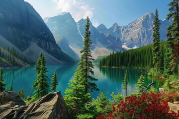 Immerse yourself in the breathtaking beauty of moraine lake, nestled in a wild mountain range surrounded by lush forests and delicate alpine flowers