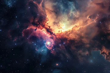 Foto op Plexiglas A stunning display of cosmic beauty as a vibrant nebula swirls amidst the endless expanse of the universe, showcasing the wonders of outer space and the grandeur of the milky way galaxy © ChaoticMind