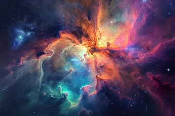 Obraz na płótnie Canvas Vibrant hues swirl among glittering stars, painting a breathtaking cosmic masterpiece in the vastness of outer space