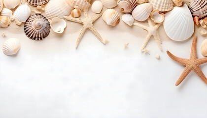 Top view of a sandy beach with collection of white and beige seashells and starfish as natural textured background for summer travel design - obrazy, fototapety, plakaty