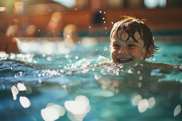 A young swimmer's determined human face reflects the joy and freedom of gliding through the crystal blue waters of an outdoor pool at a bustling leisure centre