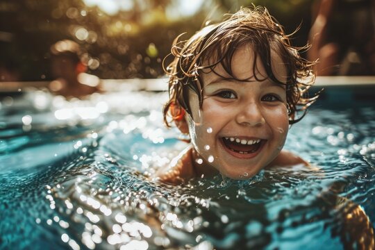 A young boy's beaming smile lights up the outdoor leisure centre as he joyfully swims in the sparkling pool, his human face immersed in the refreshing water