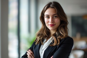 A confident woman in a sleek suit, her arms crossed with a fierce gaze, exudes power and elegance in this street fashion photo shoot, her long, layered brown hair framing her face as she stands by a 