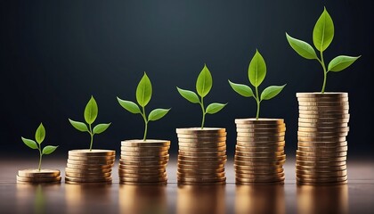 Fototapeta na wymiar Money growing - A row of stacks of coins with plants growing up. Business finance banking savings investment economy concept. Generative AI