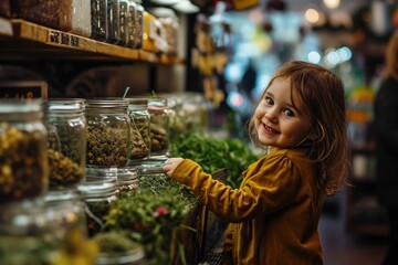 A young woman dressed in vibrant clothing stands confidently in front of a bustling market stall, proudly selling a variety of fresh, colorful plants and vegetables