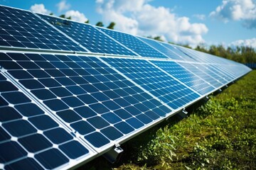 A mesmerizing expanse of blue sky illuminates a sprawling field of solar panels, harnessing the power of the sun to provide clean and sustainable energy for the outdoors