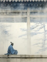 A Solitary Monk Meditates in a Temple Courtyard - obrazy, fototapety, plakaty
