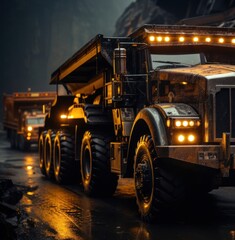 Large Dump Truck Driving Down Wet Road in Quarry Generative AI