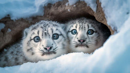 Enchanting Gaze of Snow Leopard Siblings - Captured Intimacy of Endangered Cubs in Frosty Den, Wildlife Preservation Through Lens, Alpine Wonders