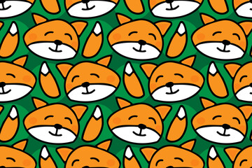 Cute, nice, funny, friendly, happy, smiling cartoon fox, wildlife. Seamless vector pattern for design and decoration.