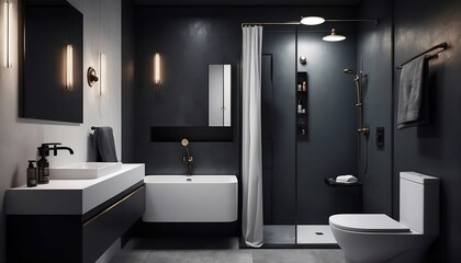 Modern black and white bathroom interior design. 3D Rendering. Generative AI