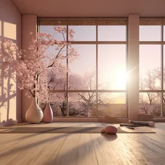 Foto op Canvas Peaceful Japanese style room with yoga mat and cherry blossom trees outside the window © duyina1990