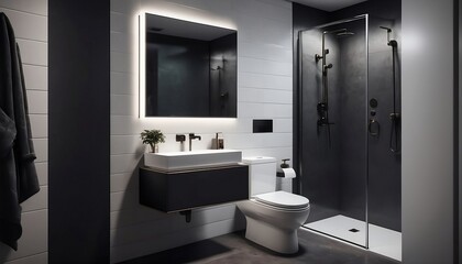 Black minimalist bathroom interior design. 3D Rendering. Generative AI