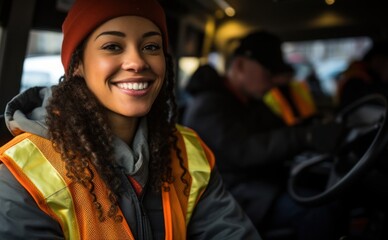 Black Woman in Yellow Vest and Red Hat a Truck Driver on Duty Generative AI
