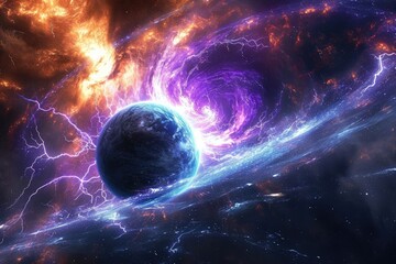 A cosmic storm raging on a giant gas planet With swirling colors and lightning strikes - obrazy, fototapety, plakaty