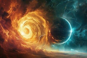 A cosmic storm raging on a giant gas planet With swirling colors and lightning strikes - obrazy, fototapety, plakaty